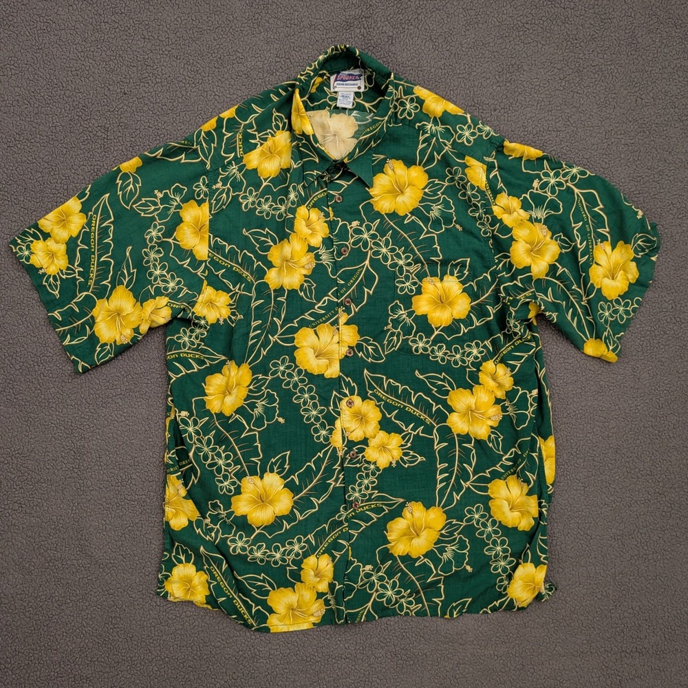 Reyn Spooner Oregon Ducks Hawaiian Aloha Shirt Mens 3XL Green Yellow Rayon